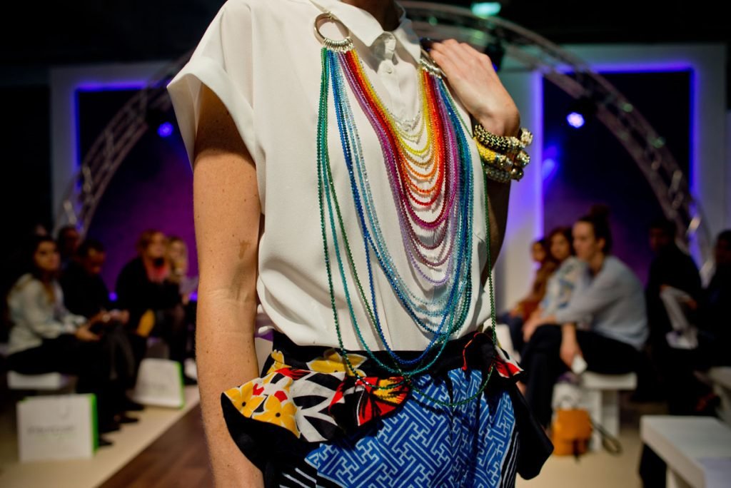 Model on the runway in layered beaded necklaces